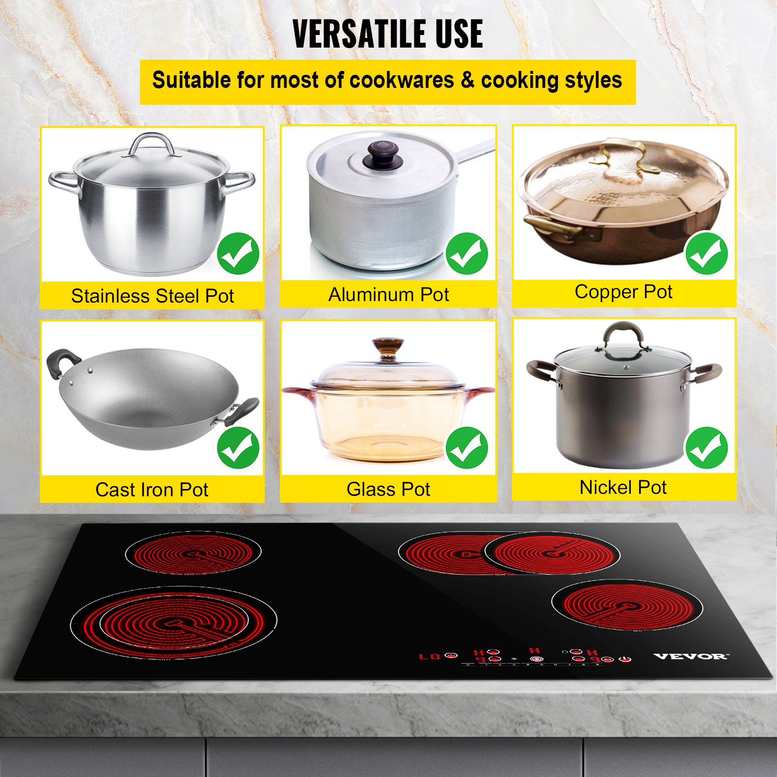 VEVOR Built-in Surface Electric Radiant Ceramic Cooktop 4 Burners 240V