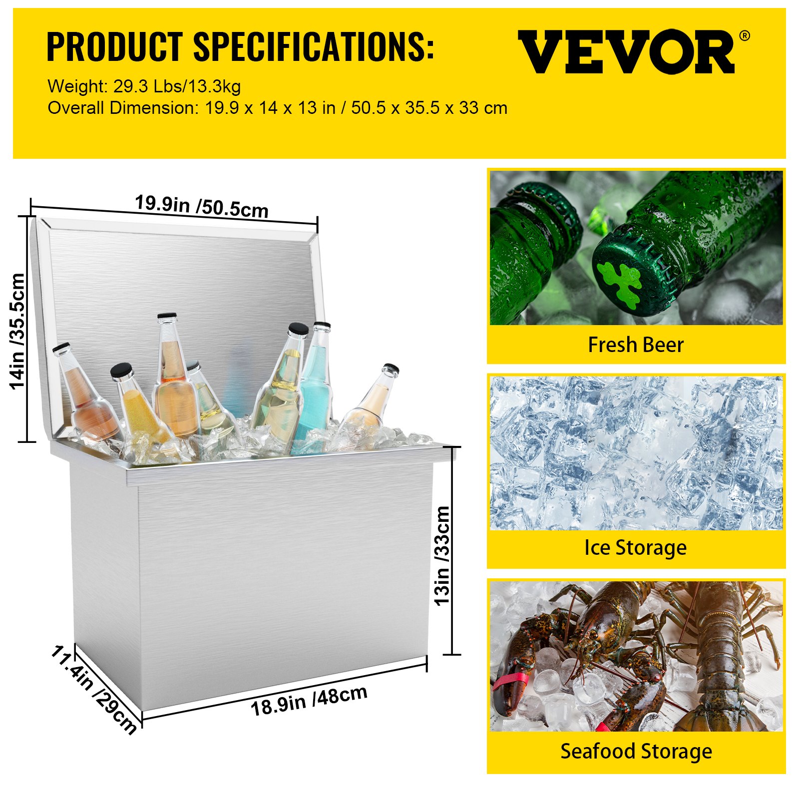 VEVOR Drop in Ice Chest 20''L x 14''W x 13''H Enfriador de acero inoxidable con barra de cubierta con bisagras Cubo de hielo 36.3 qt Tubería de drenaje y tapón de drenaje incluidos para cerveza de vino frío