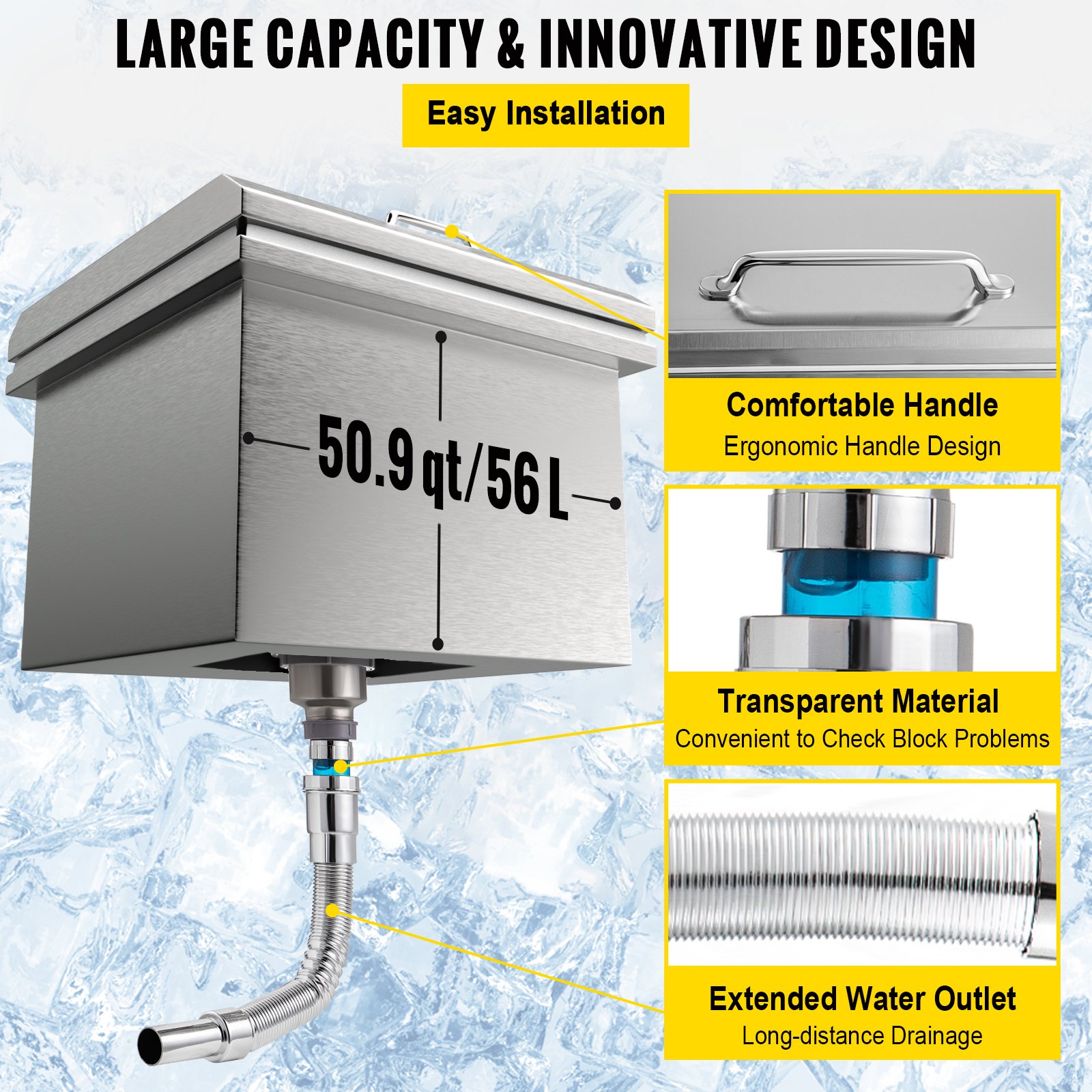 Hielera empotrable VEVOR con asa ergonómica, material transparente y salida de agua extendida.