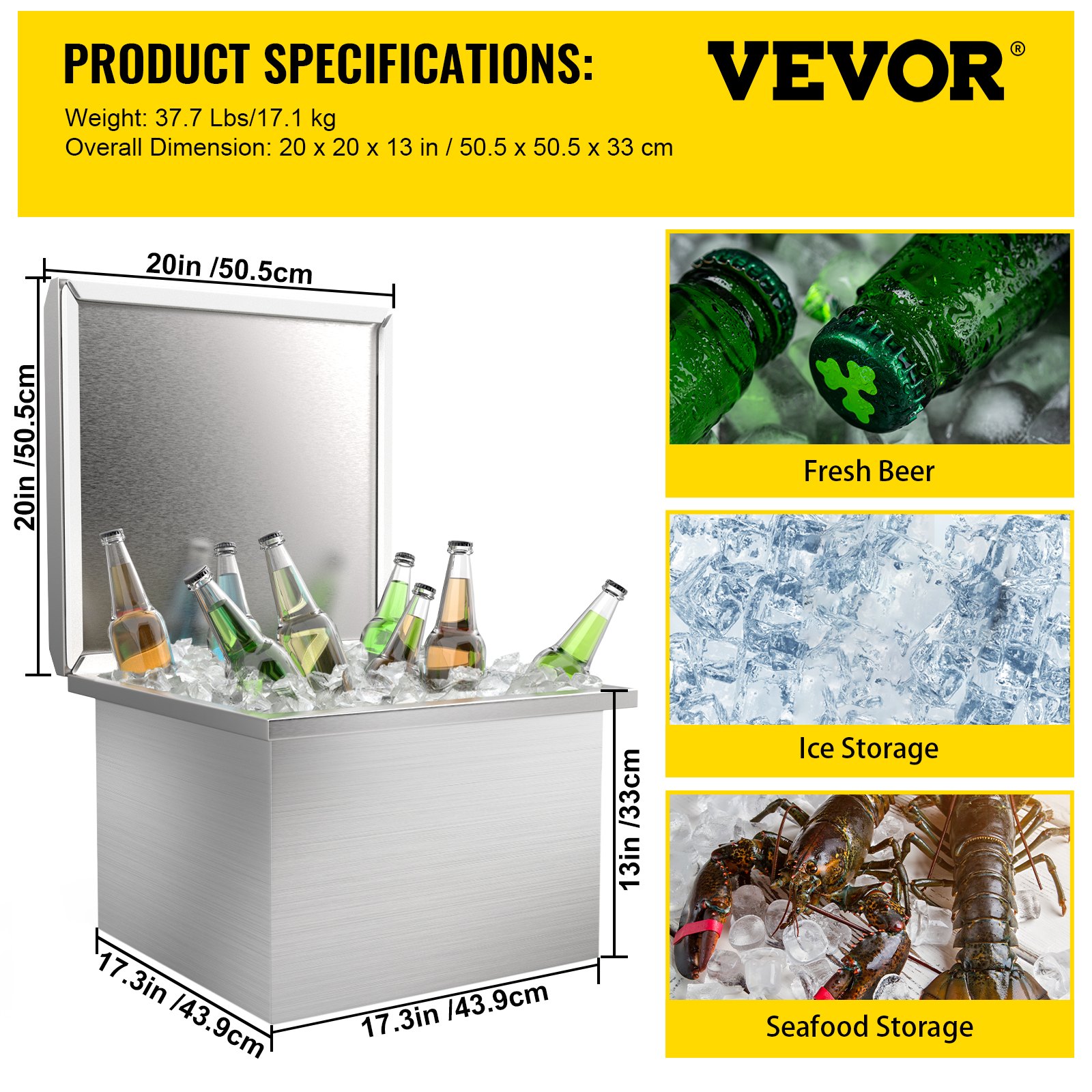 Hielera empotrada VEVOR con imágenes de botellas de cerveza, almacenamiento de hielo y almacenamiento de mariscos.