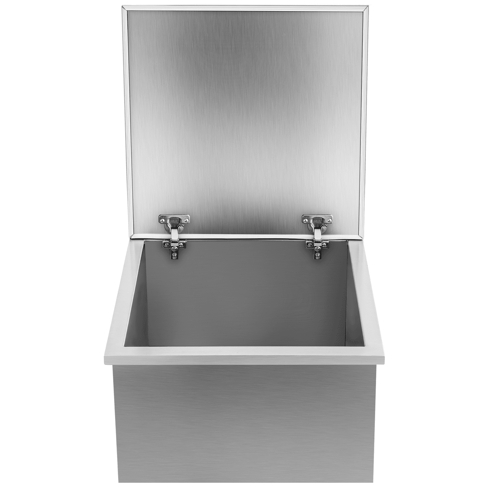Nevera portátil VEVOR de acero inoxidable con tapa abatible en posición abierta.