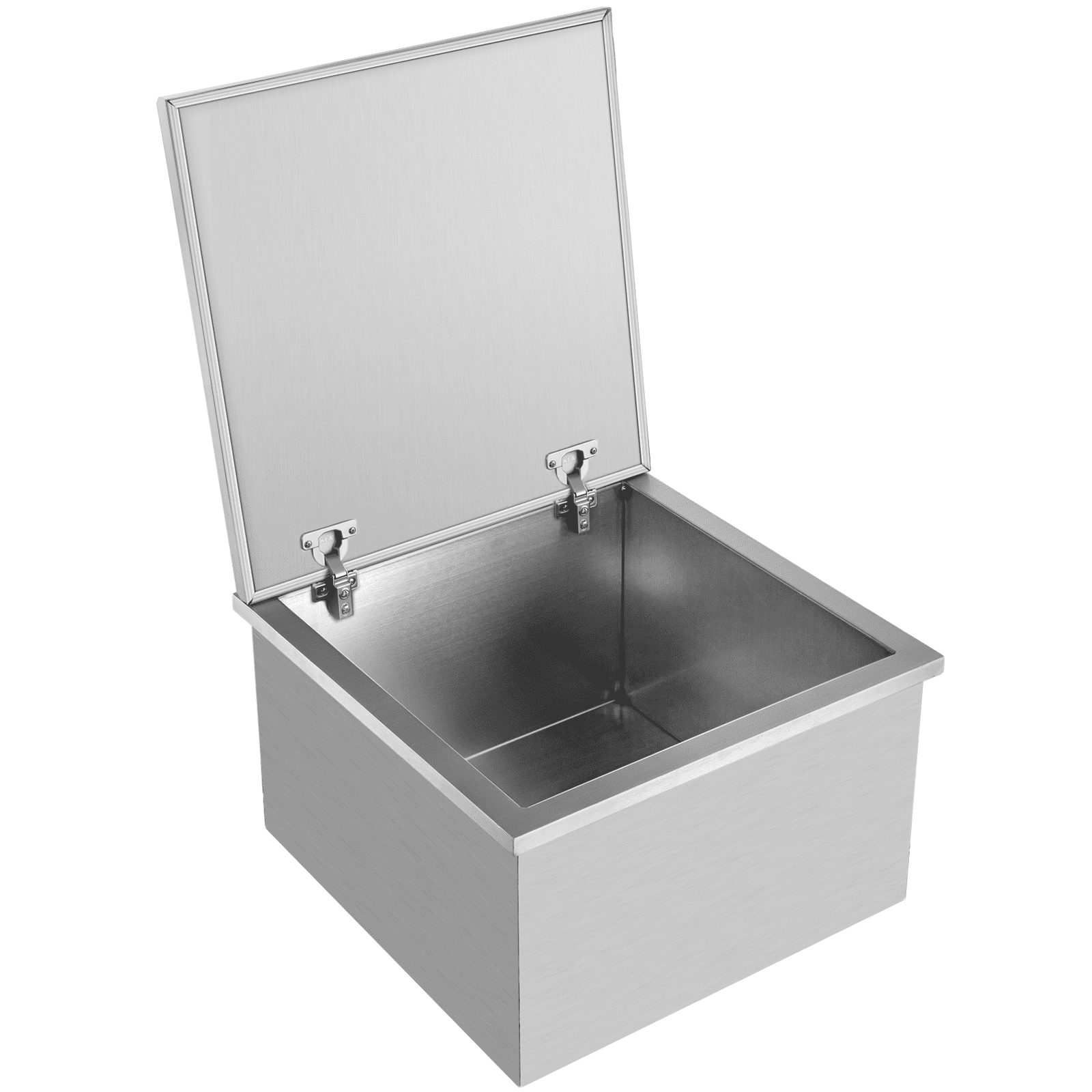 Nevera portátil VEVOR de acero inoxidable con tapa abatible que se abre y muestra el interior.