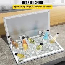 VEVOR Drop in Ice Chest 28''L x 14''W x 17''H Enfriador de acero inoxidable con barra de cubierta con bisagras Cubo de hielo 65.4 qt Tubo de drenaje y tapón de drenaje incluidos para cerveza de vino frío