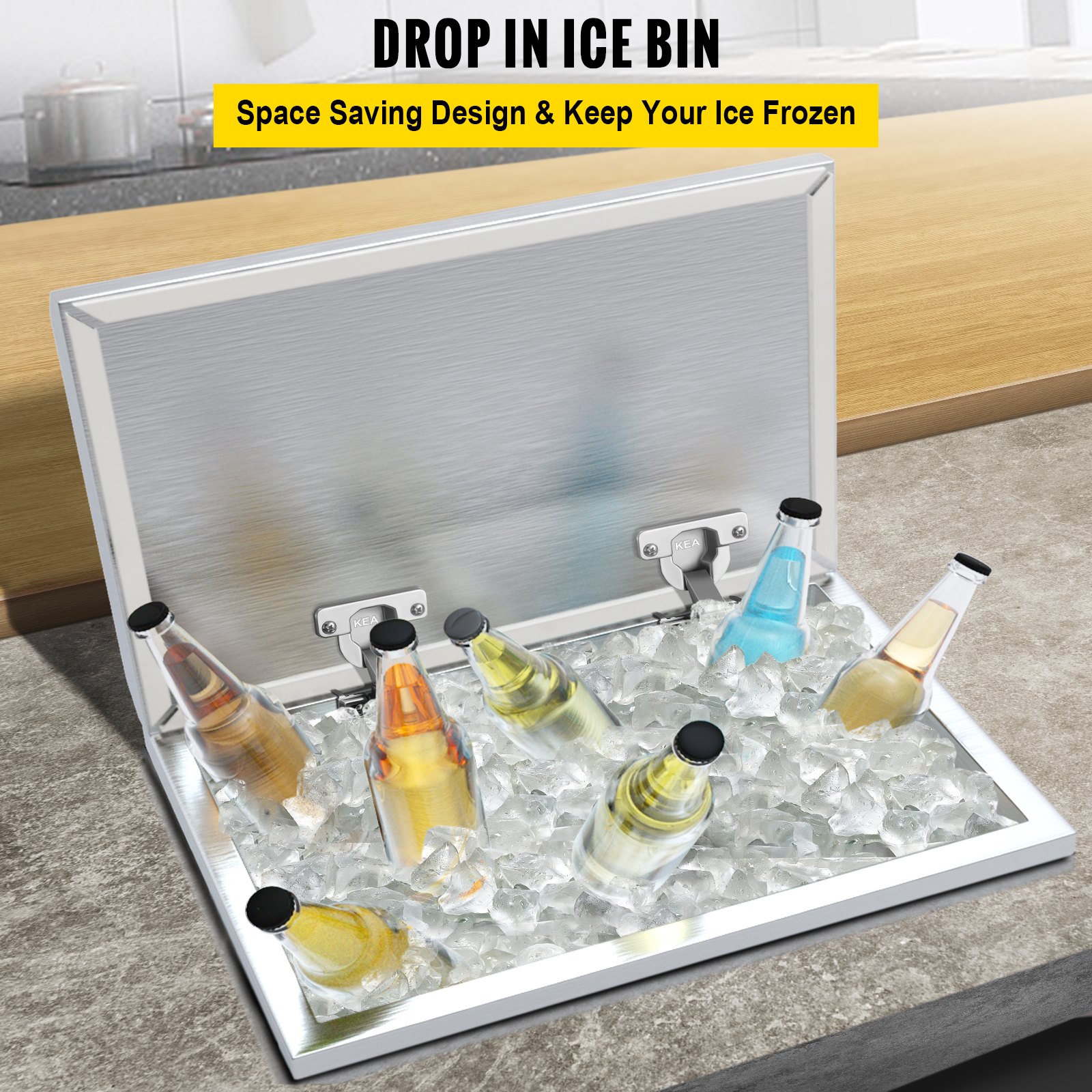 VEVOR Drop in Ice Chest 28''L x 14''W x 17''H Enfriador de acero inoxidable con barra de cubierta con bisagras Cubo de hielo 65.4 qt Tubo de drenaje y tapón de drenaje incluidos para cerveza de vino frío