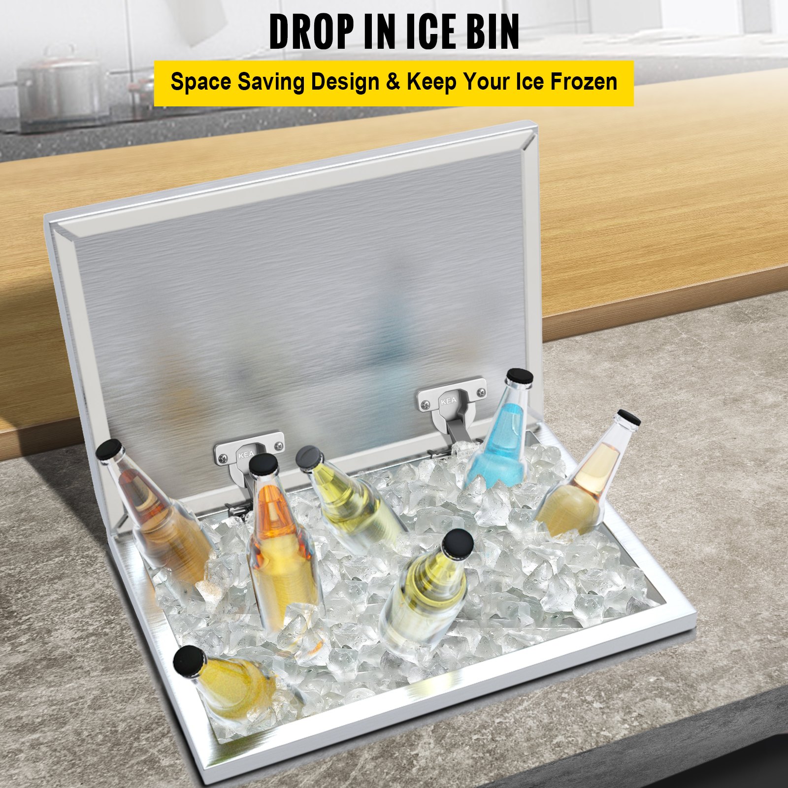 Hielera empotrable VEVOR llena de diversas bebidas embotelladas con hielo.