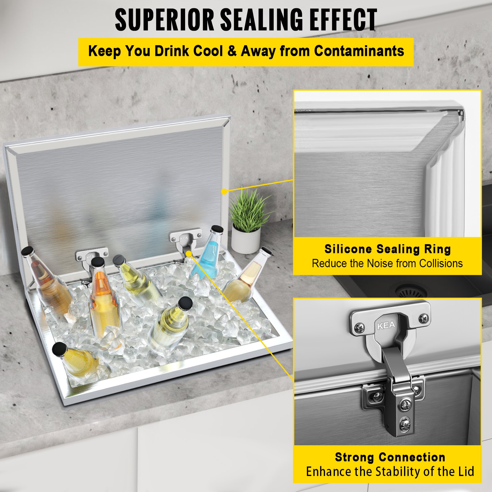 Hielera empotrable VEVOR con bebidas, hielo, anillo de sellado de silicona y conexión de tapa resistente.