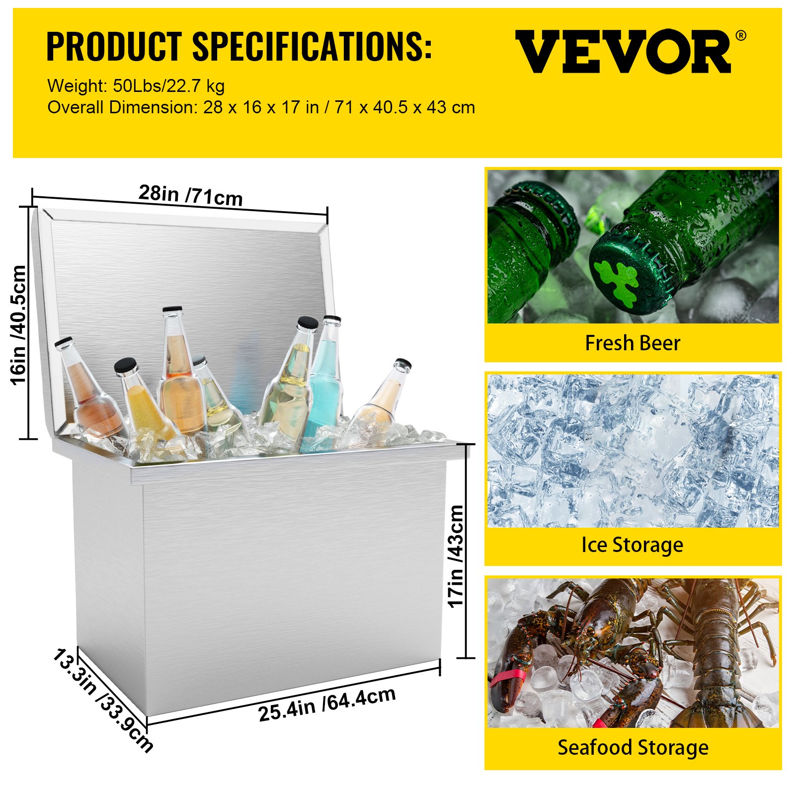 Hielera empotrable VEVOR llena de bebidas, que muestra el almacenamiento de cerveza, hielo y mariscos.