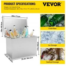 VEVOR Drop in Ice Chest 28''L x 18''W x 17''H Enfriador de acero inoxidable con tapa con bisagras Cubo de hielo 87.2 qt Tubo de drenaje y tapón de drenaje incluidos para cerveza de vino frío