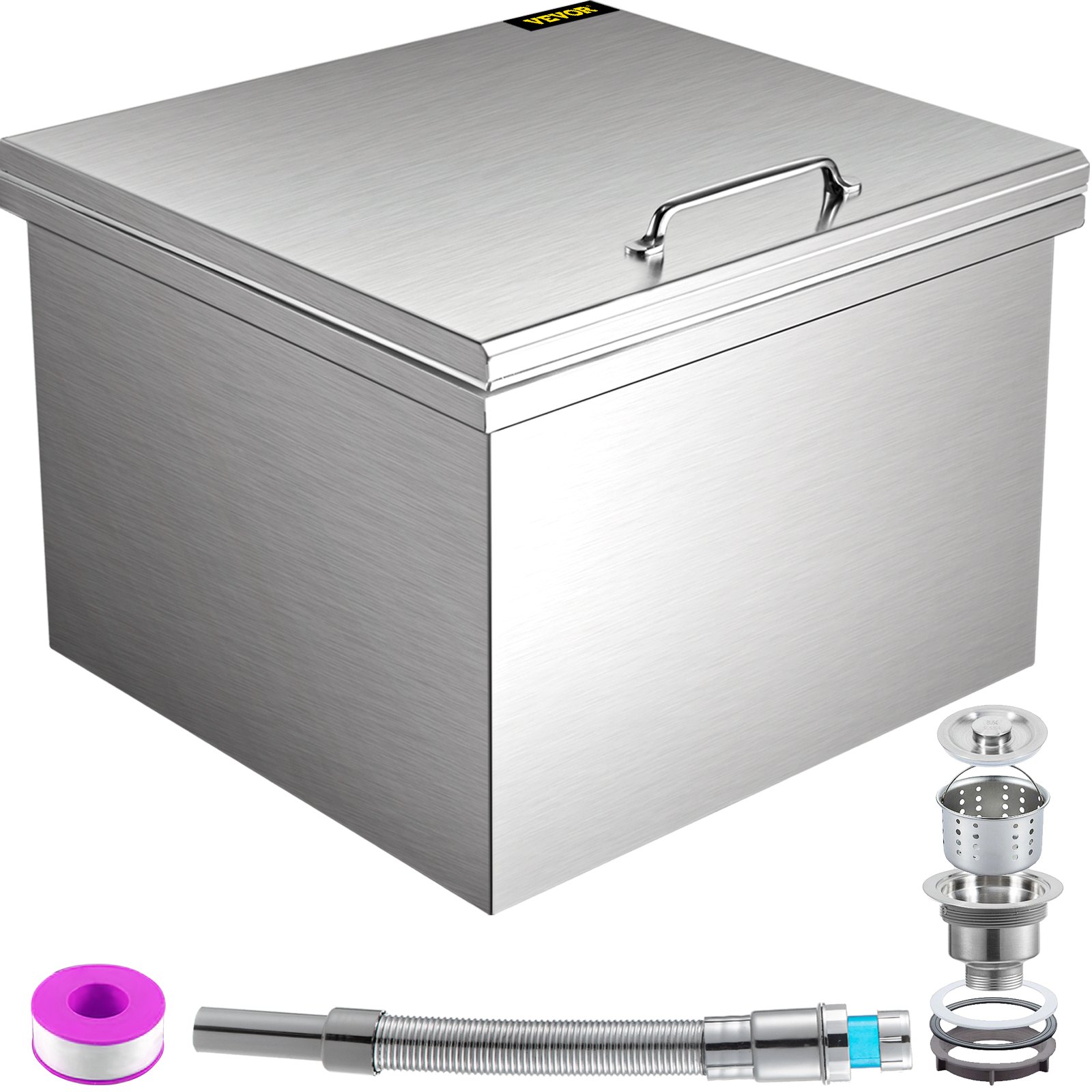 Hielera empotrable VEVOR con tapa, colador, manguera y accesorios de cinta de sellado.