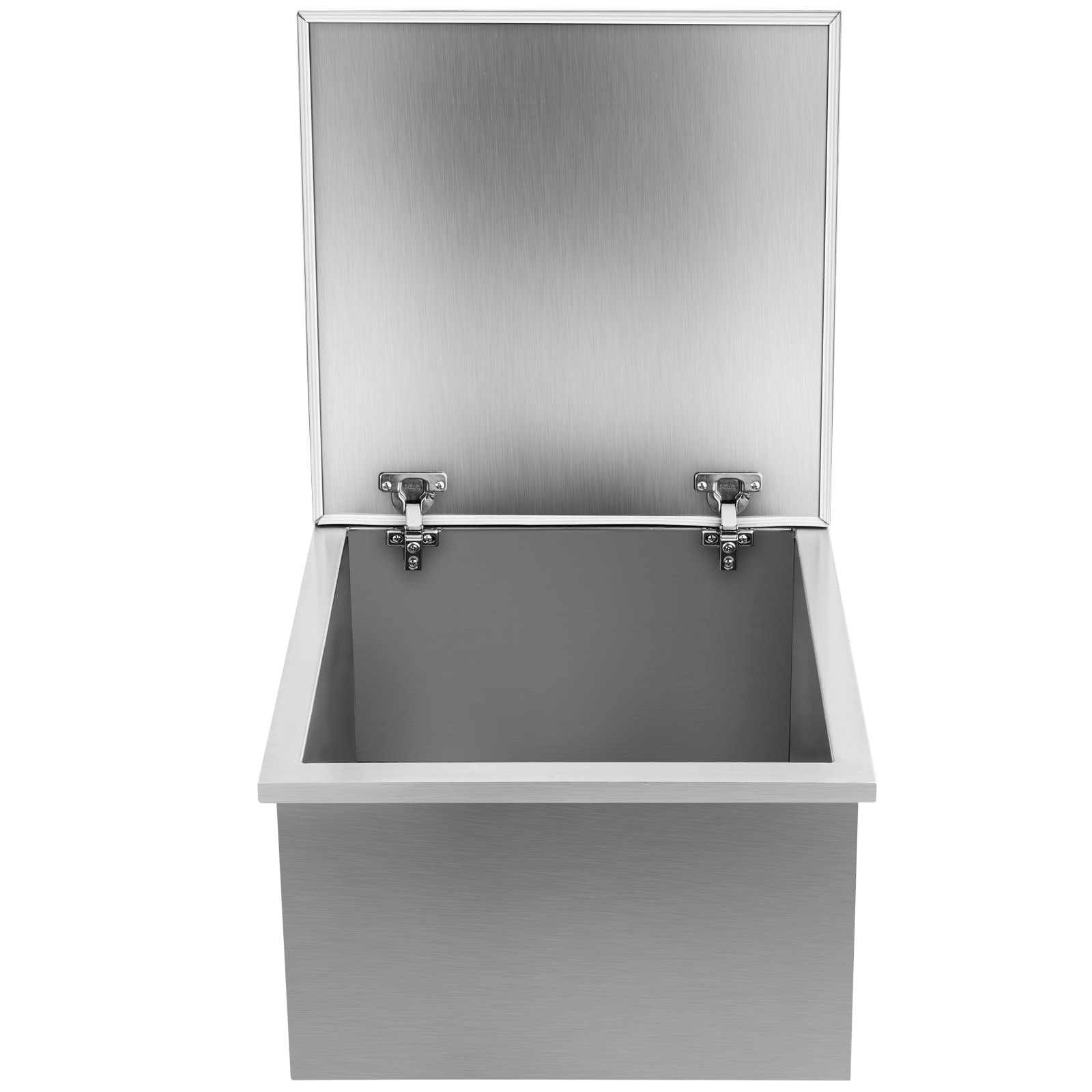 Nevera empotrable VEVOR de acero inoxidable abierta con tapa abatible.
