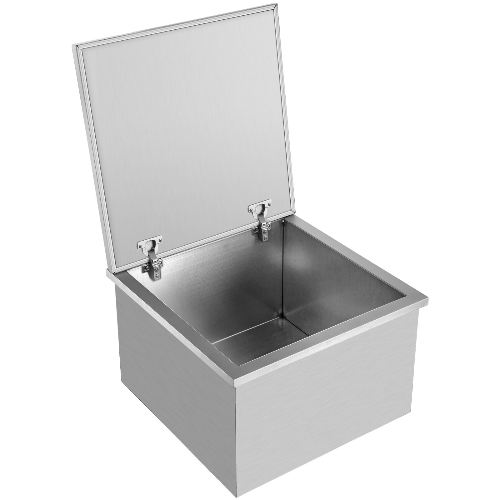 Nevera portátil VEVOR de acero inoxidable con tapa abatible abierta.