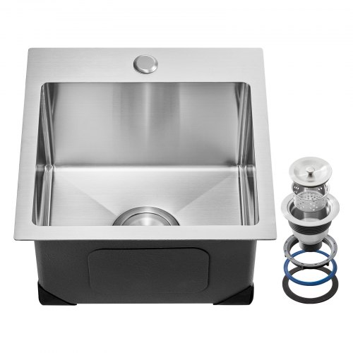 Fregadero de cocina de 15" de montaje superior, de un solo tazón, con lavabo empotrado, barra de acero inoxidable
