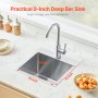Fregadero de cocina de 15" de montaje superior, de un solo tazón, con lavabo empotrado, barra de acero inoxidable
