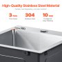 Fregadero de cocina de 15" de montaje superior, de un solo tazón, con lavabo empotrado, barra de acero inoxidable