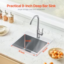 Fregadero de cocina de 15" de montaje superior, de un solo tazón, con lavabo empotrado, barra de acero inoxidable