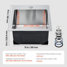 Fregadero de cocina de 15" de montaje superior, de un solo tazón, con lavabo empotrado, barra de acero inoxidable