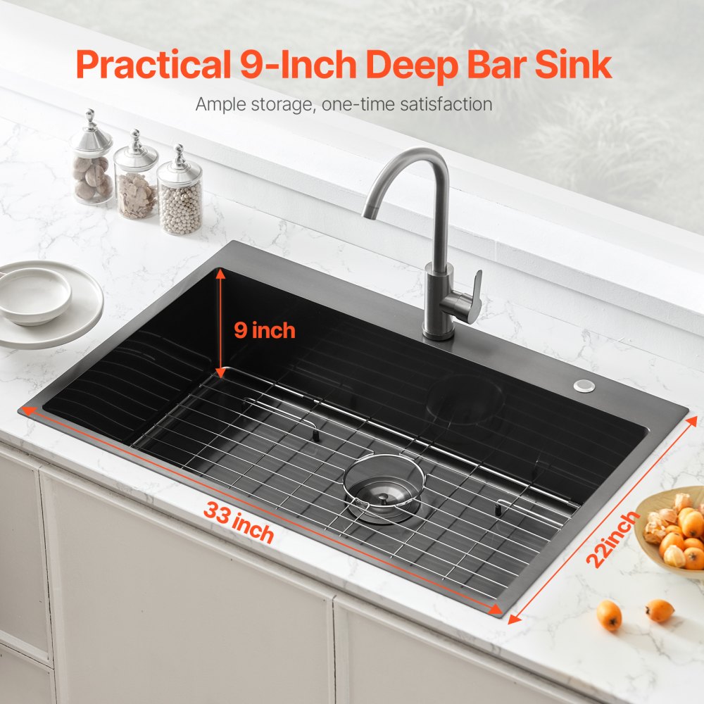Fregadero de cocina VEVOR de 33 pulgadas, de acero inoxidable 304, de montaje superior, de un solo seno, estilo rústico, con accesorios, apto para lavavajillas, ideal para caravanas, cocinas auxiliares y bares (negro).