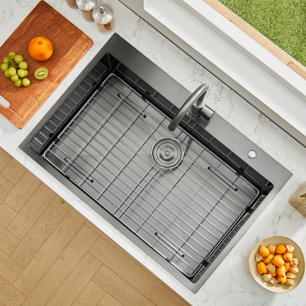 Fregadero de cocina VEVOR de 33 pulgadas, de acero inoxidable 304, de montaje superior, de un solo seno, estilo rústico, con accesorios, apto para lavavajillas, ideal para caravanas, cocinas auxiliares y bares (negro).