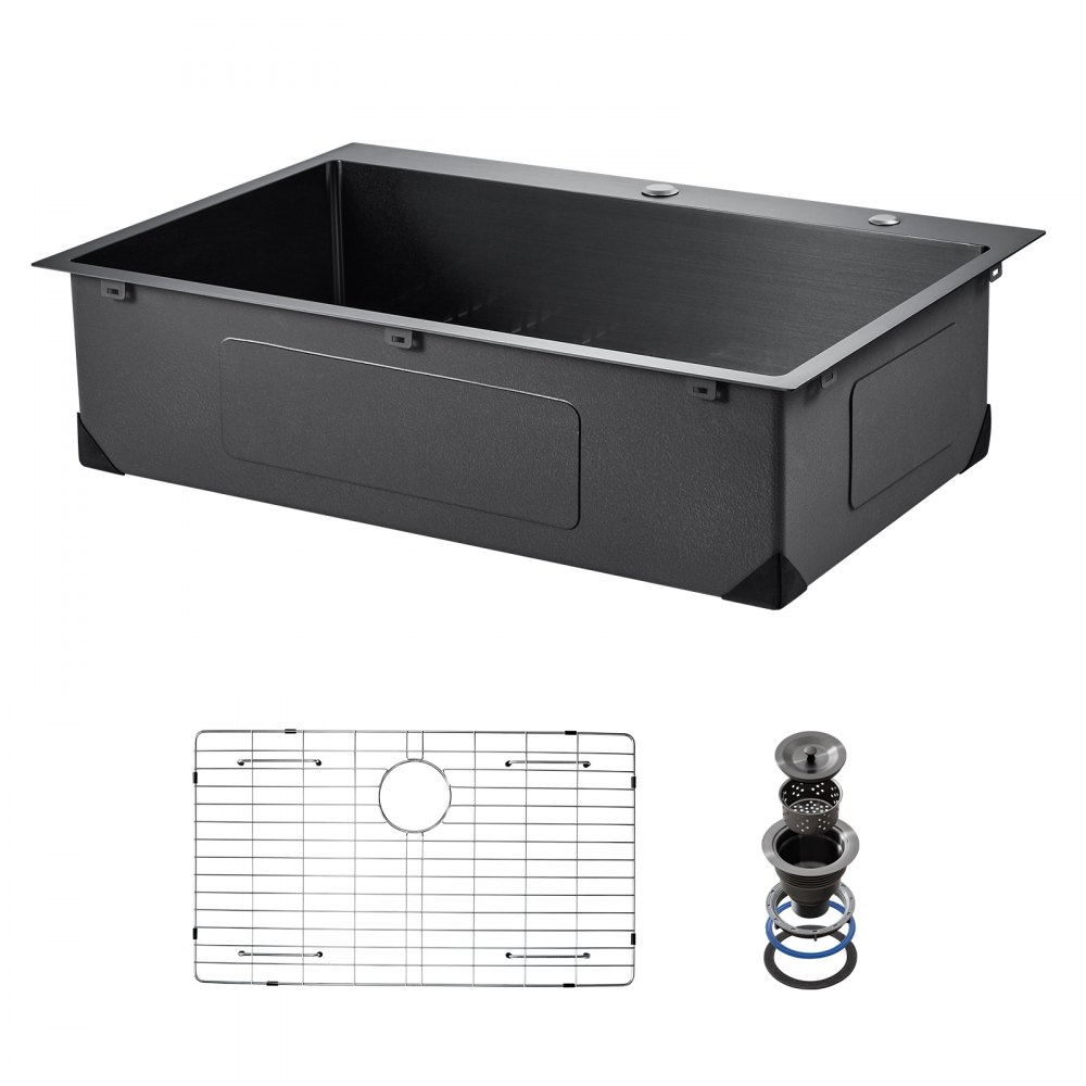 Fregadero de cocina VEVOR de 33 pulgadas, de acero inoxidable 304, de montaje superior, de un solo seno, estilo rústico, con accesorios, apto para lavavajillas, ideal para caravanas, cocinas auxiliares y bares (negro).