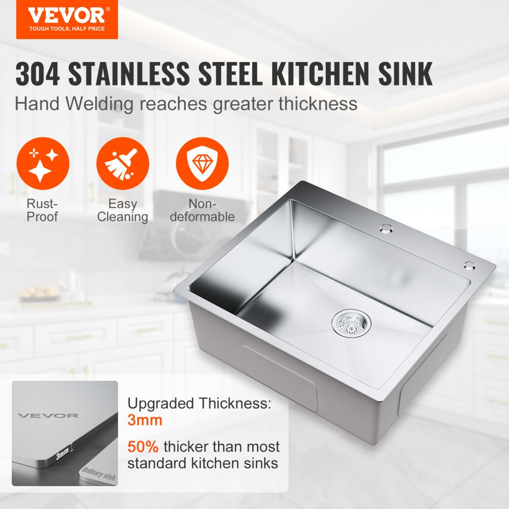 Fregadero de cocina VEVOR, fregaderos empotrables de acero inoxidable 304, lavabo de un solo tazón de montaje superior con accesorios (paquete de 2), fregaderos para lavavajillas domésticos para estación de trabajo, RV, cocina de preparación y fregadero de bar, 25 pulgadas
