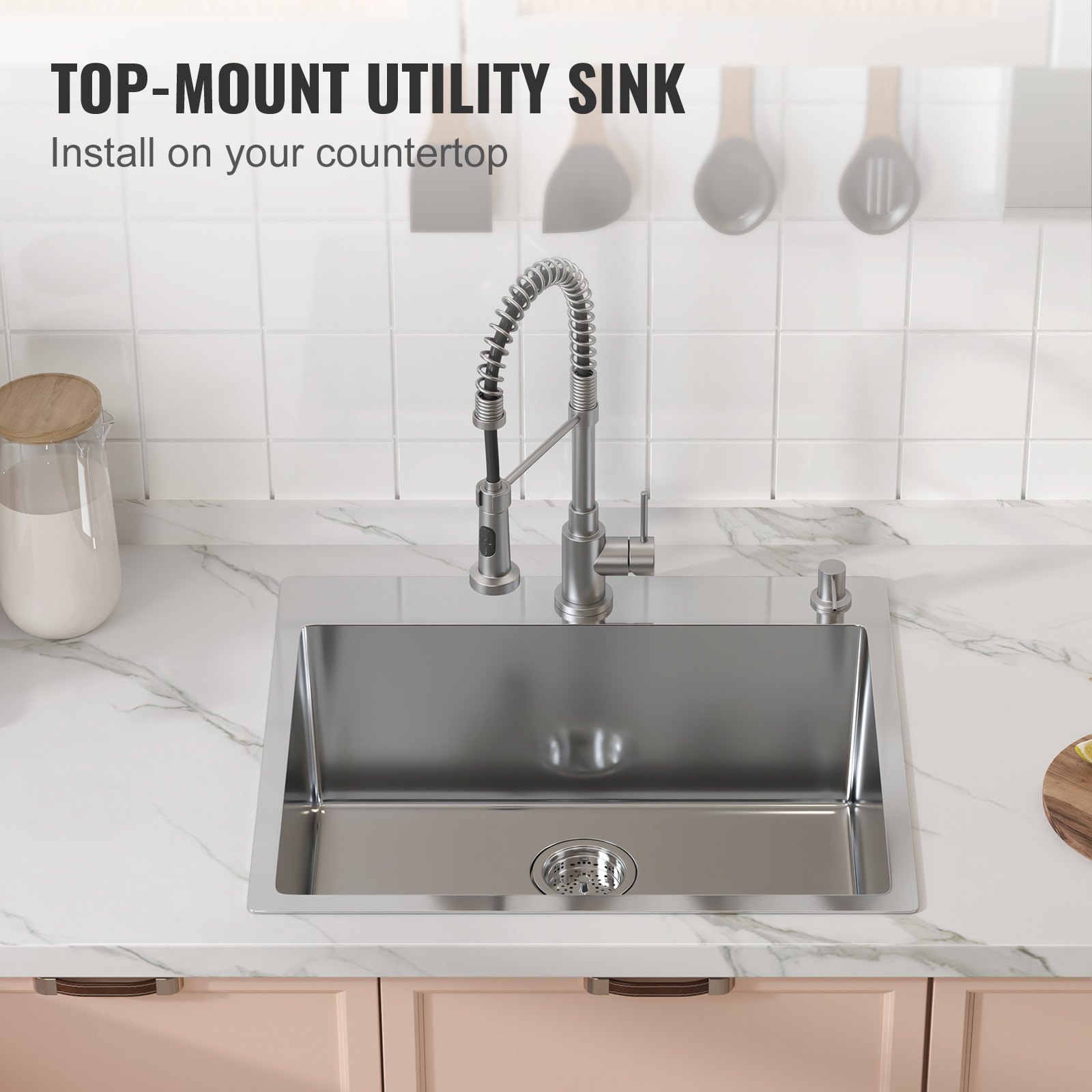 Fregadero de cocina VEVOR, fregaderos empotrables de acero inoxidable 304, lavabo de un solo tazón de montaje superior con accesorios (paquete de 2), fregaderos para lavavajillas domésticos para estación de trabajo, RV, cocina de preparación y fregadero de bar, 25 pulgadas