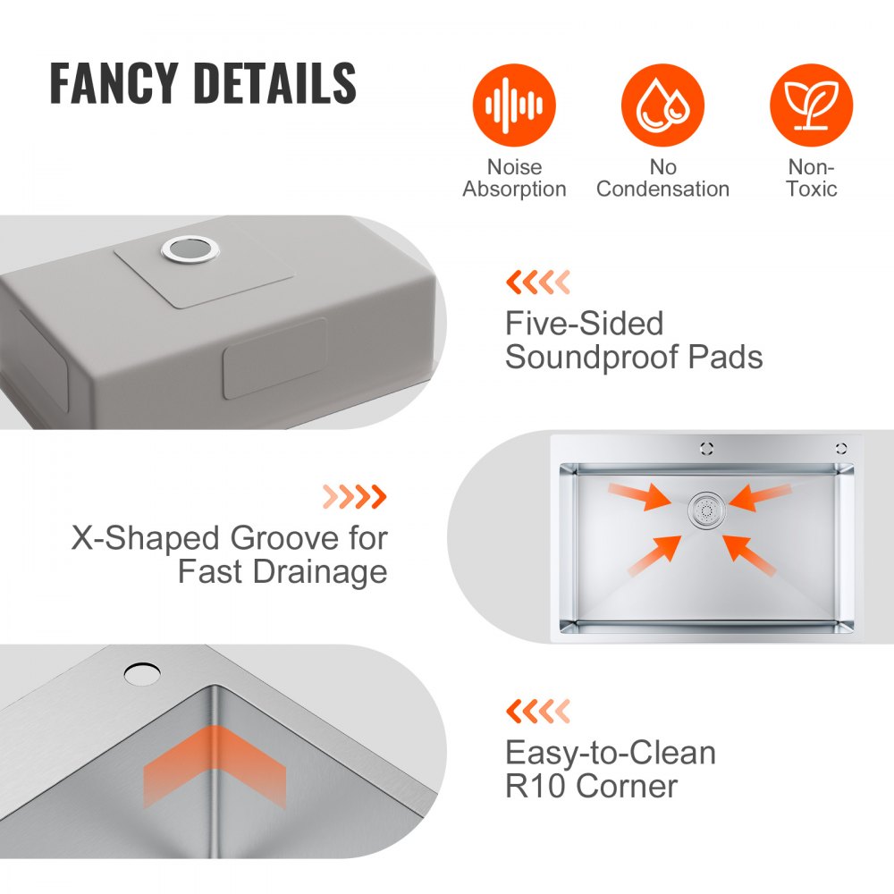 Fregadero de cocina VEVOR de acero inoxidable 304, de un solo seno con montaje superior y accesorios (paquete de 3), apto para lavavajillas domésticos, para estaciones de trabajo, autocaravanas, cocinas de preparación y bares, 84 cm