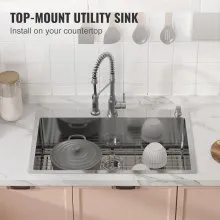 Fregadero de cocina VEVOR, fregaderos empotrables de acero inoxidable 304, lavabo de un solo tazón de montaje superior con accesorios (paquete de 3), fregaderos de lavavajillas domésticos para estación de trabajo, RV, cocina de preparación y fregadero de bar, 33 pulgadas