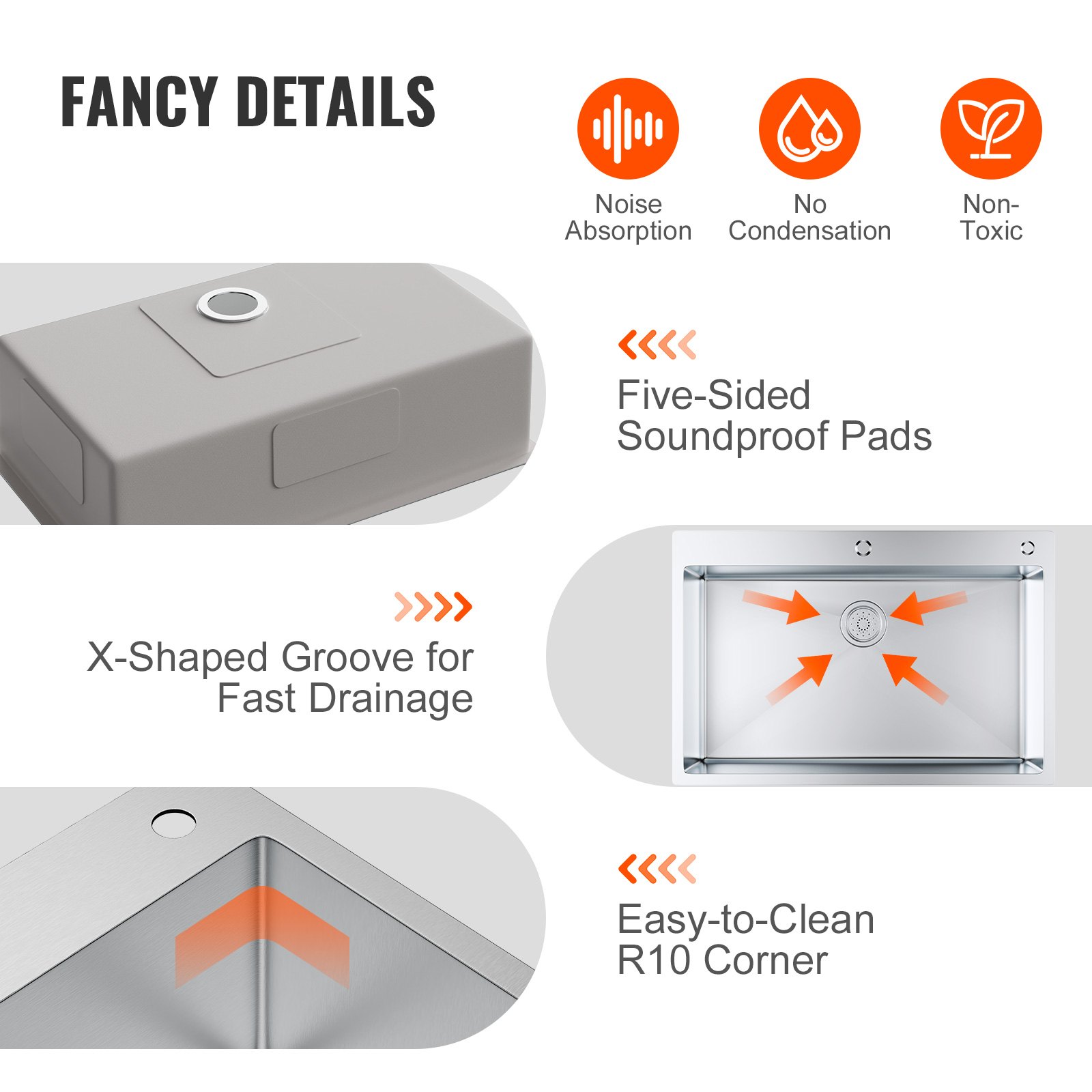 Fregadero de cocina VEVOR de acero inoxidable 304, de un solo seno con montaje superior y accesorios (paquete de 3), apto para lavavajillas domésticos, para estaciones de trabajo, autocaravanas, cocinas de preparación y bares, 84 cm