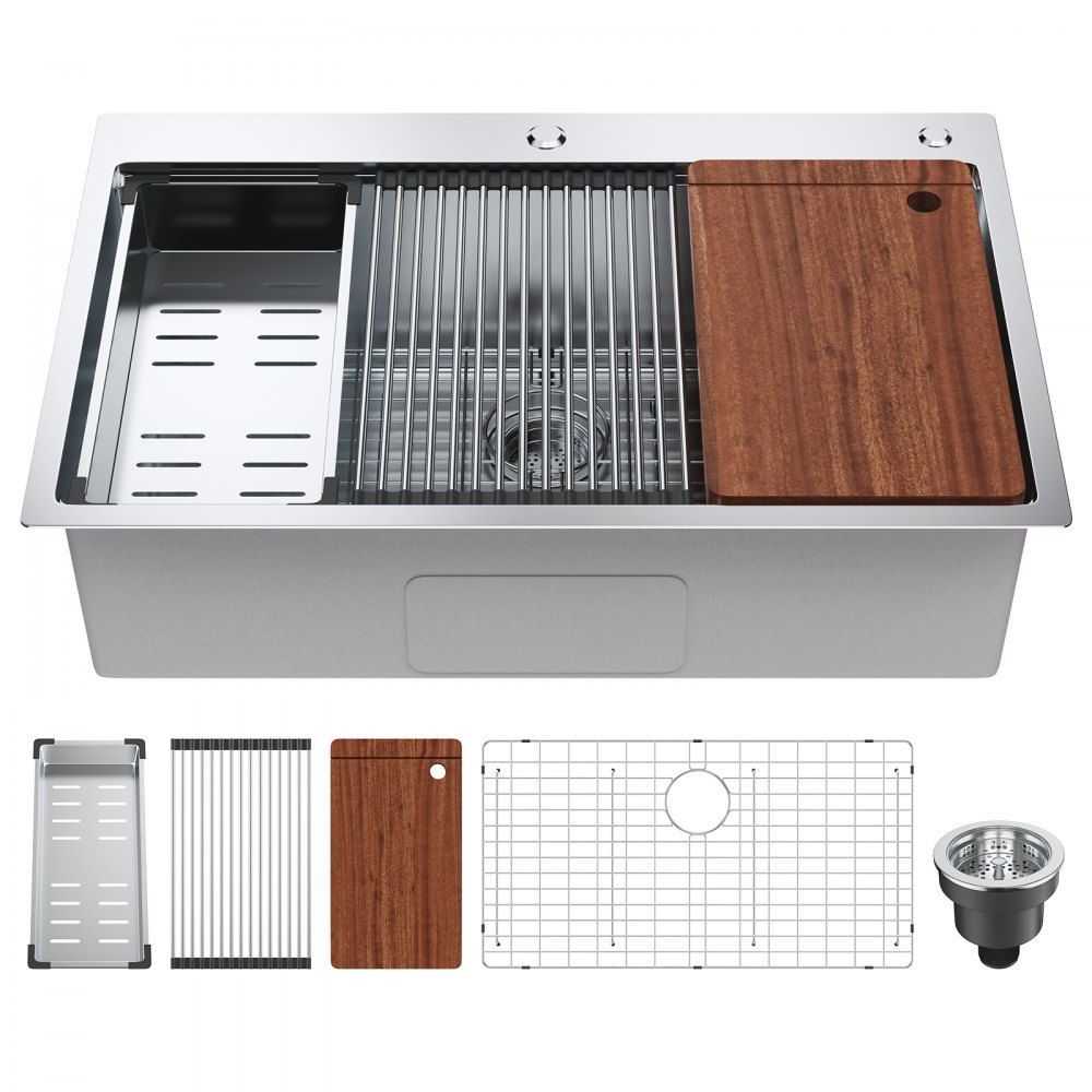 Fregadero de cocina VEVOR con accesorios, lavabo de acero inoxidable, tabla de cortar de madera y rejilla de alambre.