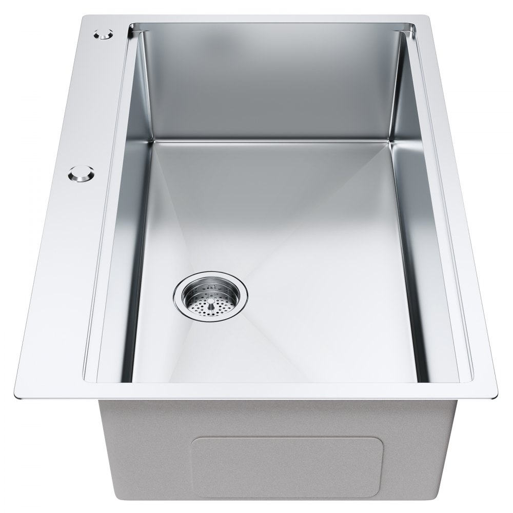 Fregadero de cocina de acero inoxidable VEVOR con lavabo profundo y desagüe incorporado.