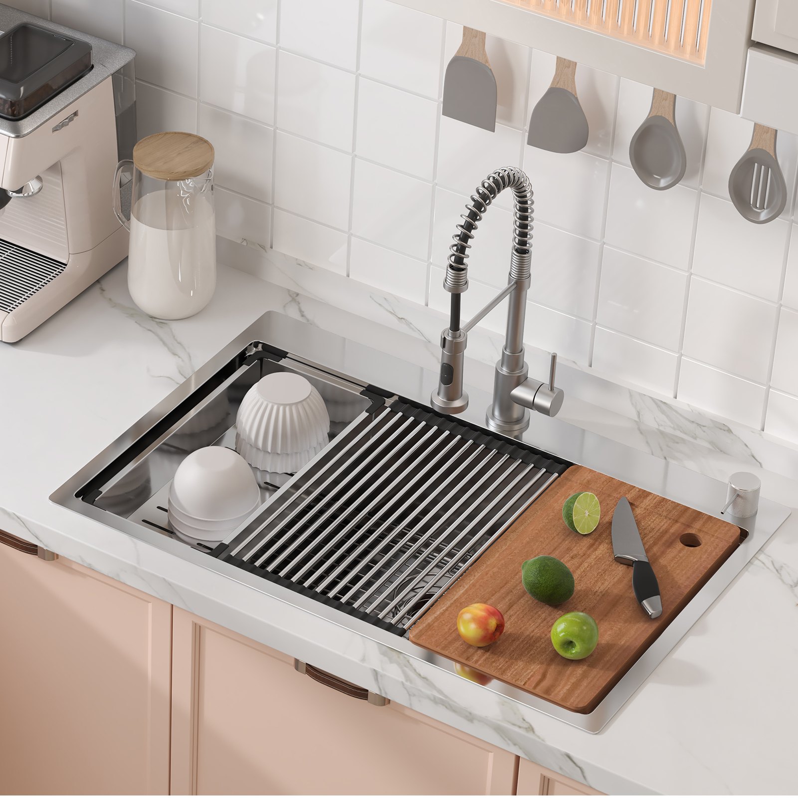 Fregadero de cocina VEVOR con tabla de cortar, grifo y rejilla de secado en una configuración de cocina moderna.