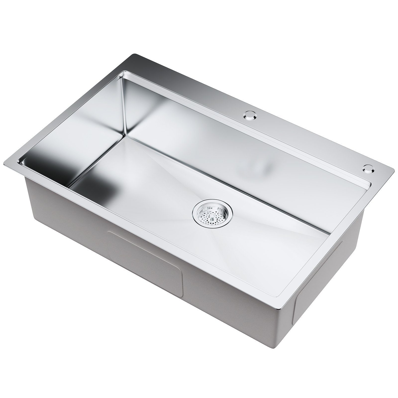 fregadero de acero inoxidable VEVOR con acabado brillante y desagüe central.