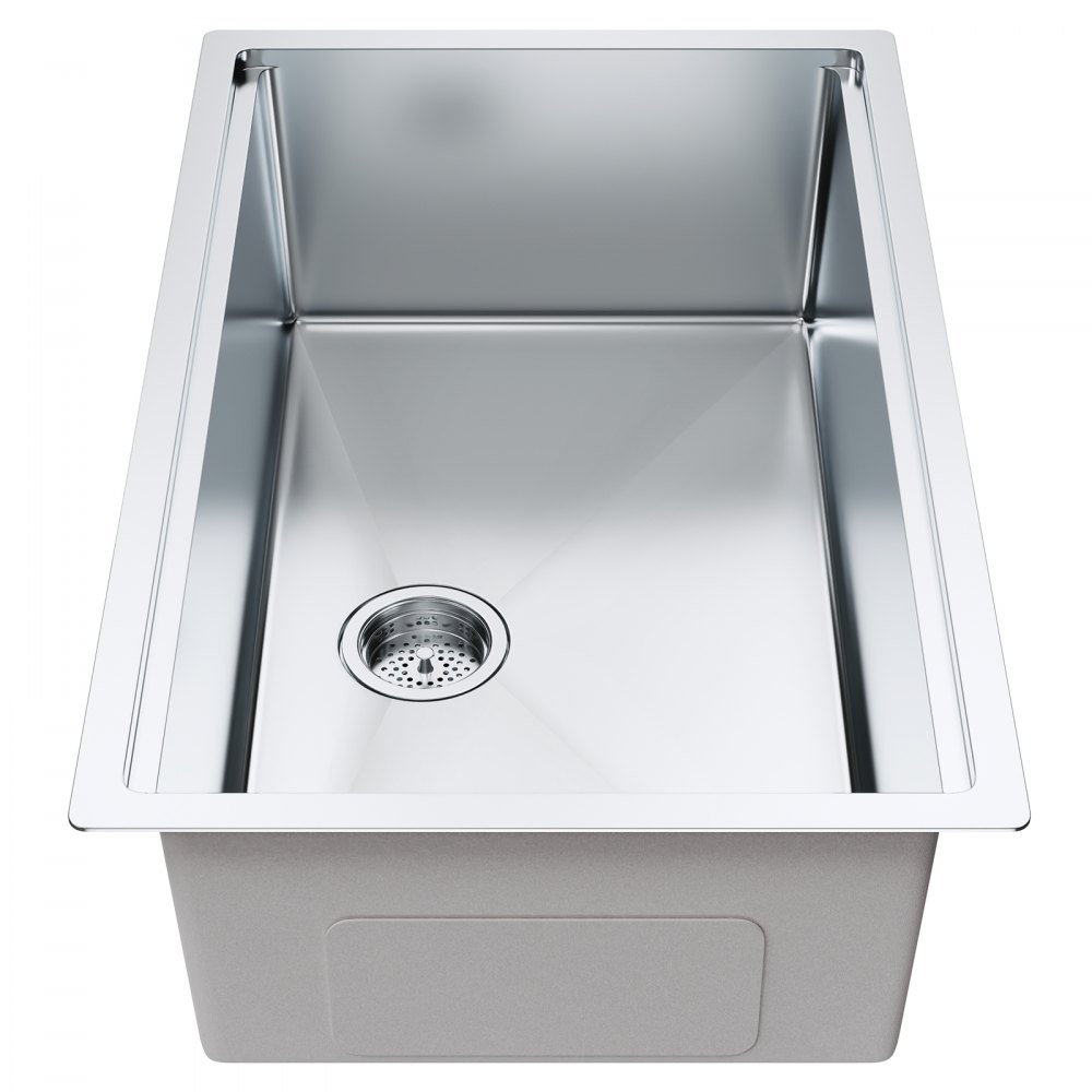 Fregadero de cocina VEVOR de acero inoxidable elegante con colador incorporado y acabado suave y pulido.