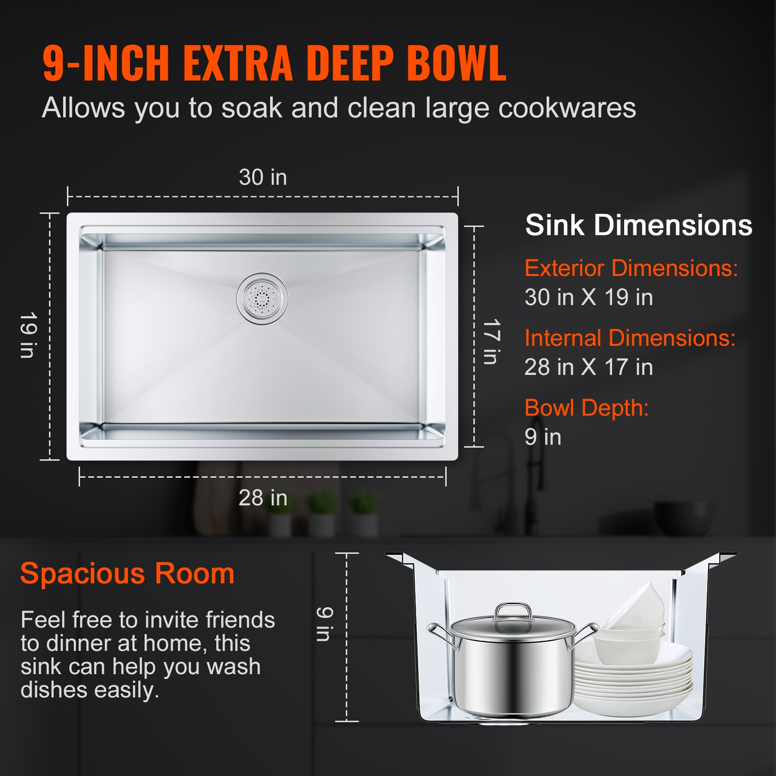 Fregadero de cocina VEVOR con cuenco de 9 pulgadas de profundidad y espacio espacioso, ideal para utensilios de cocina grandes. Dimensiones: 30 &quot;x 19&quot;.