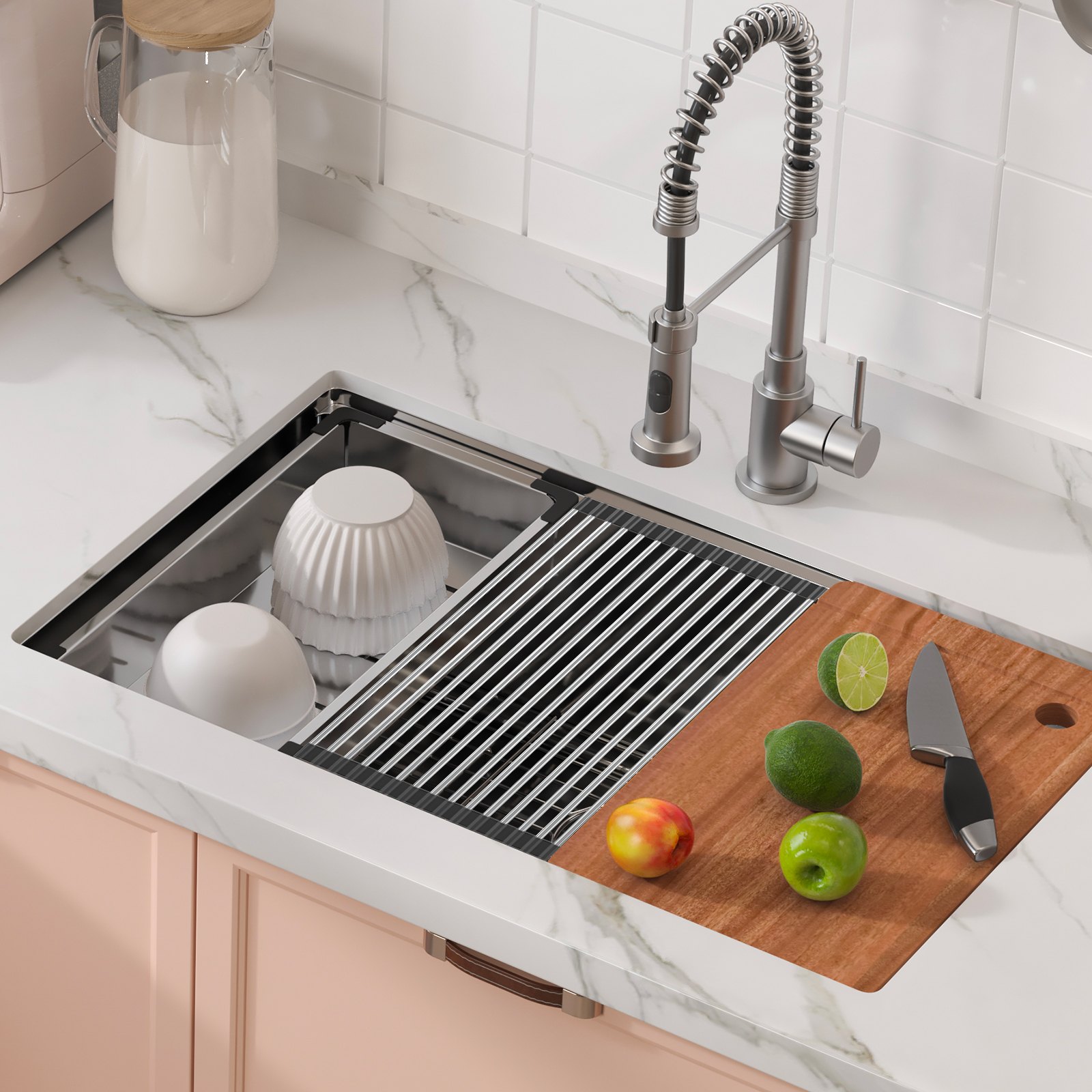 Fregadero de cocina VEVOR con diseño de acero inoxidable, tabla de cortar, frutas, cuchillo y grifo moderno.
