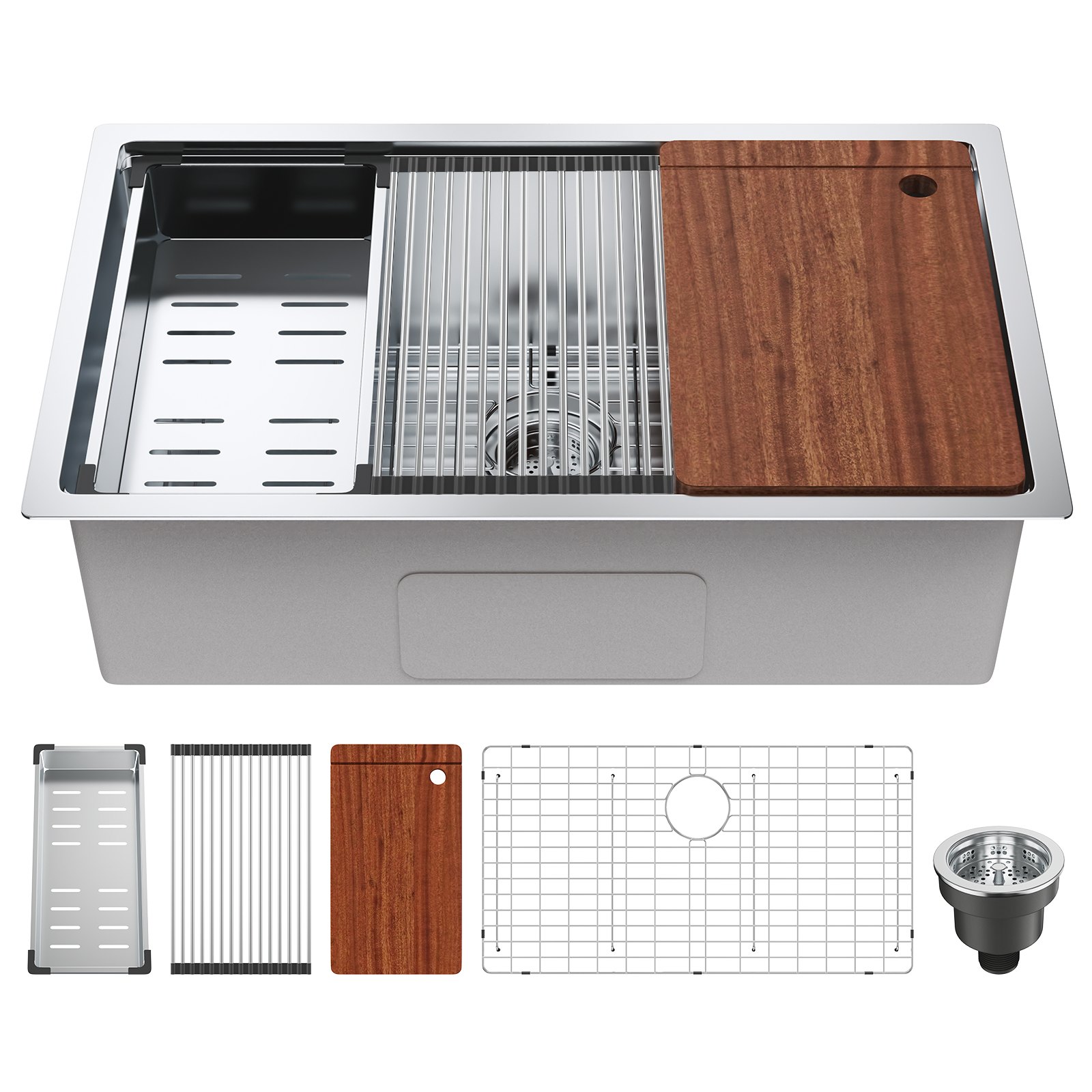Fregadero de cocina VEVOR con accesorios: tabla de cortar, escurridor, colador y escurridor de fregadero.