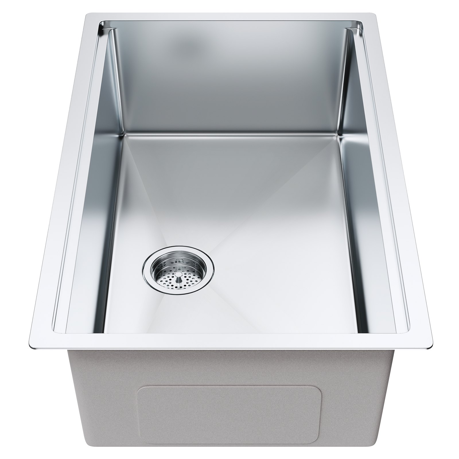 Fregadero de cocina VEVOR de acero inoxidable elegante con colador incorporado y acabado suave y pulido.