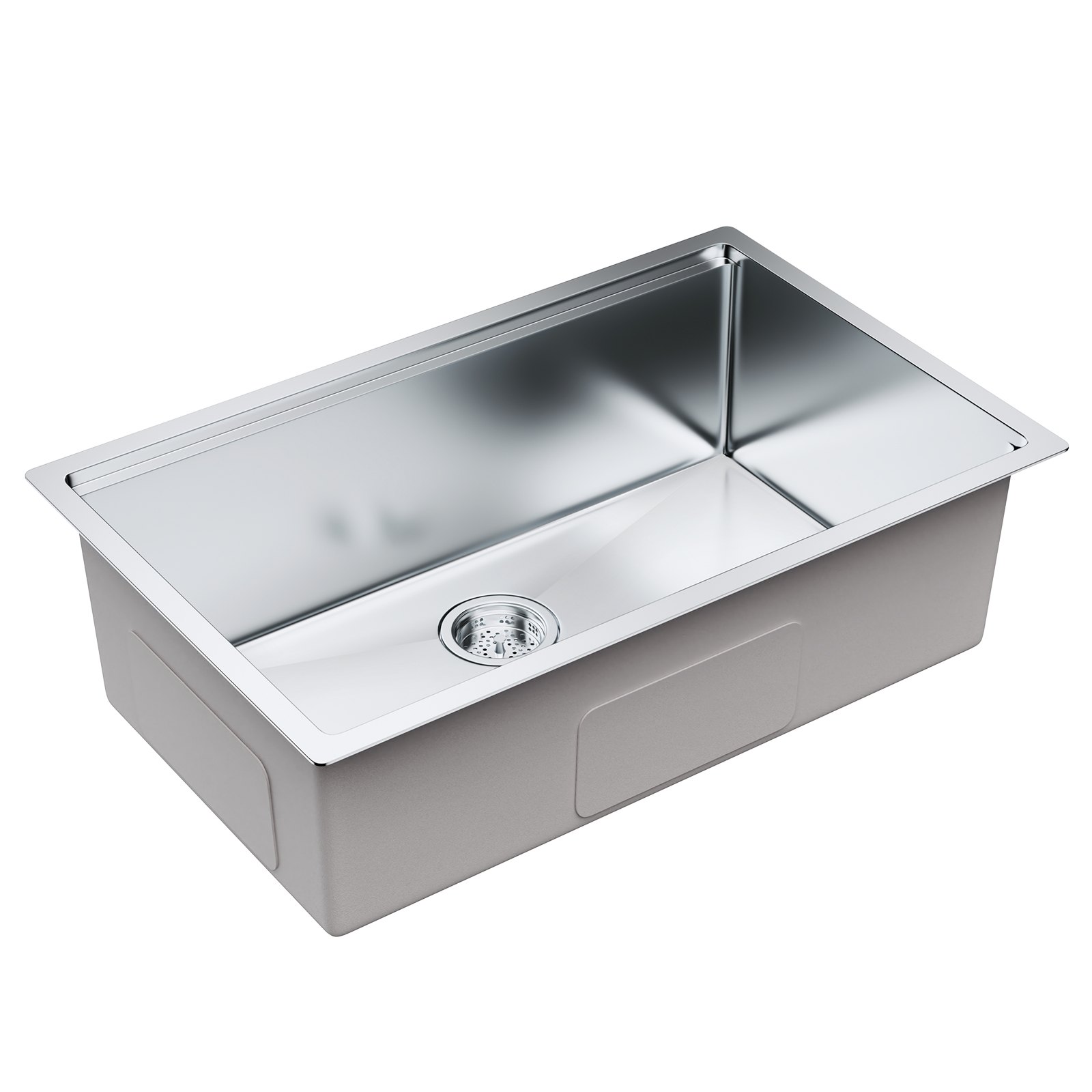 Fregadero de cocina VEVOR de acero inoxidable con diseño rectangular y desagüe integrado.
