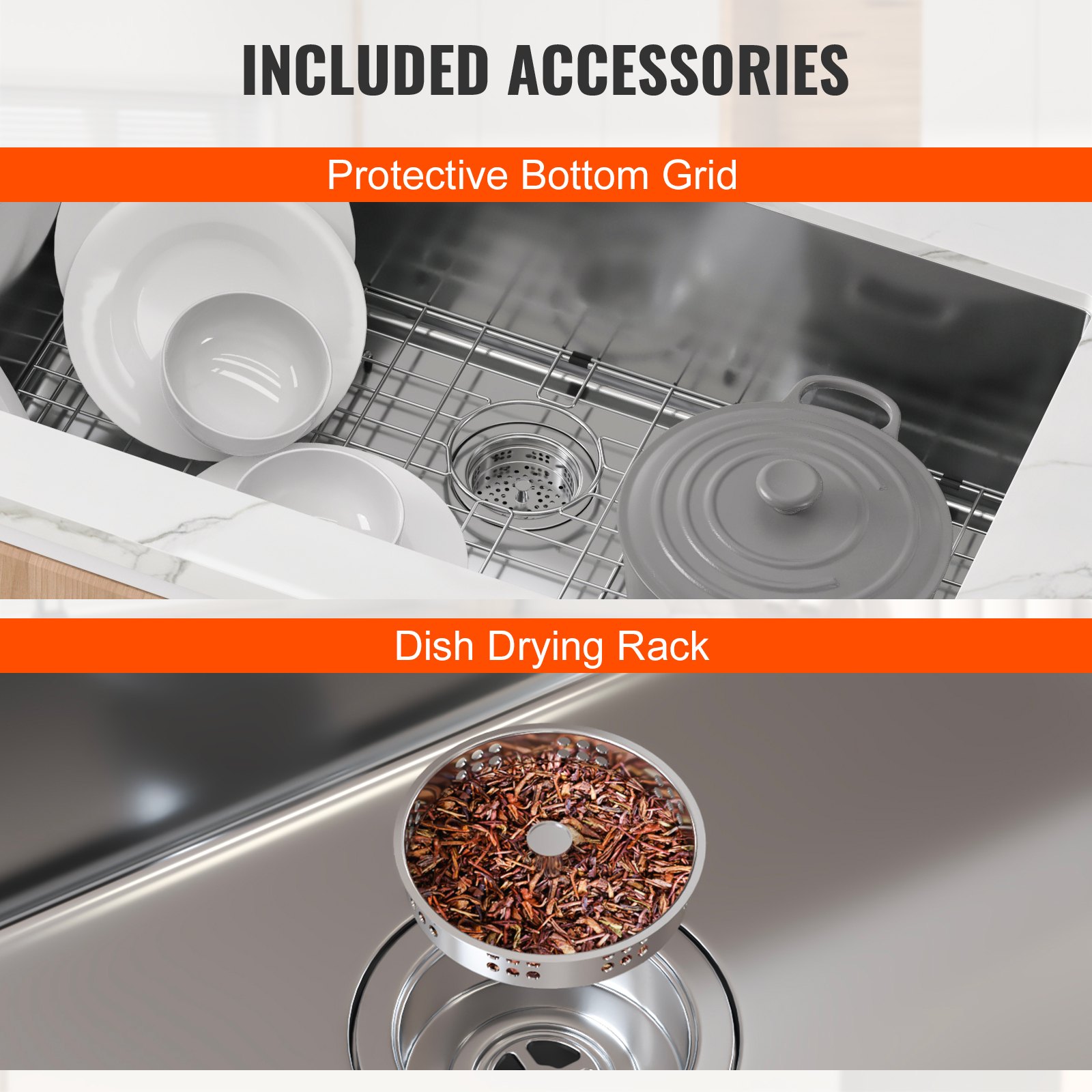 Fregadero de cocina VEVOR de acero inoxidable 304, de un solo seno con accesorios (paquete de 3), apto para lavavajillas domésticos, para estaciones de trabajo, autocaravanas, cocinas de preparación y bares, 30 pulgadas