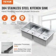 Fregadero de cocina VEVOR, fregaderos empotrables de acero inoxidable 304, lavabo doble bajo encimera con repisa y accesorios, fregaderos para lavavajillas domésticos para estación de trabajo, RV, cocina de preparación y fregadero de bar, 33 pulgadas