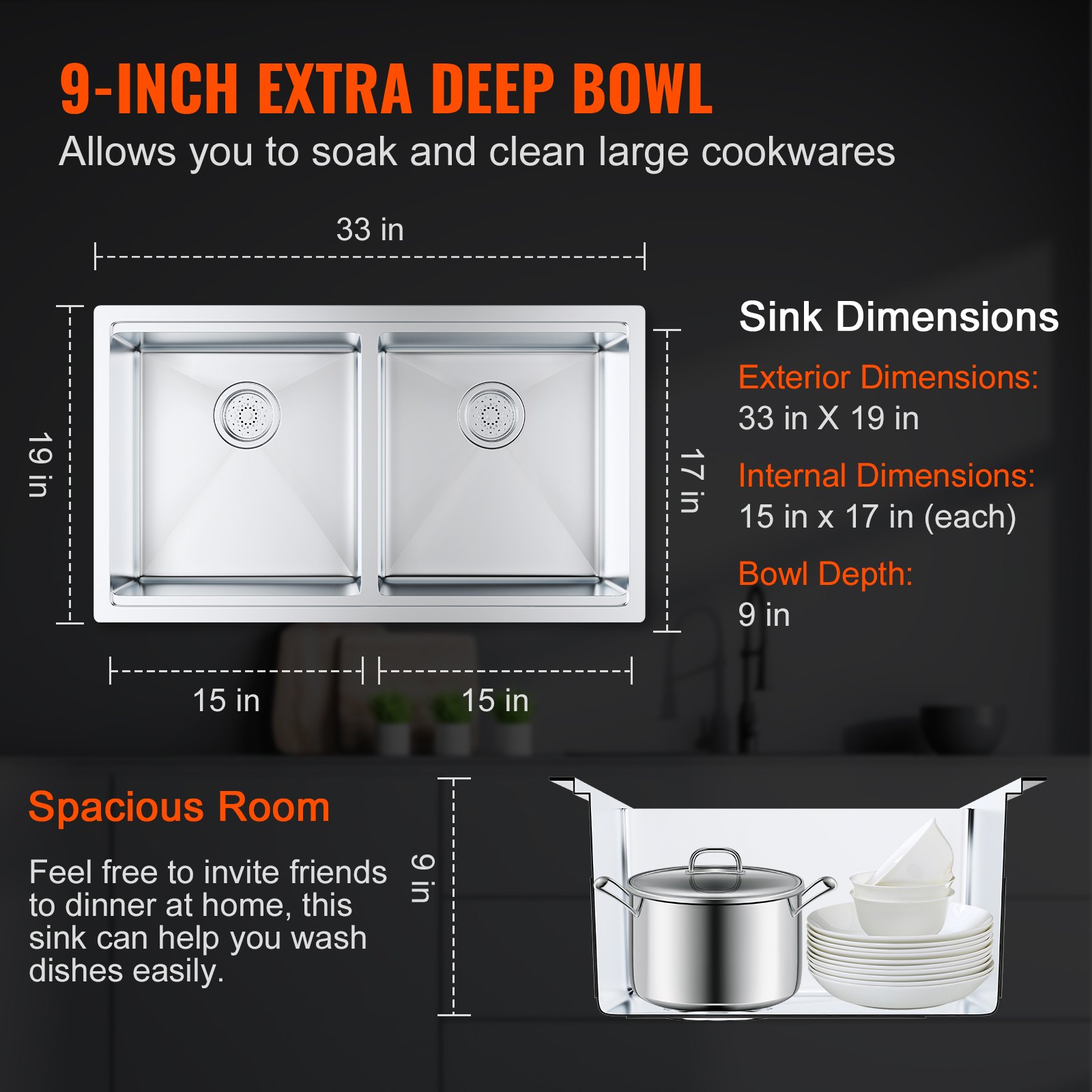 Fregadero de cocina VEVOR de doble seno con 9 pulgadas de profundidad, 33 x 19 pulgadas de dimensiones exteriores y 15 x 17 pulgadas de dimensiones interiores cada uno.