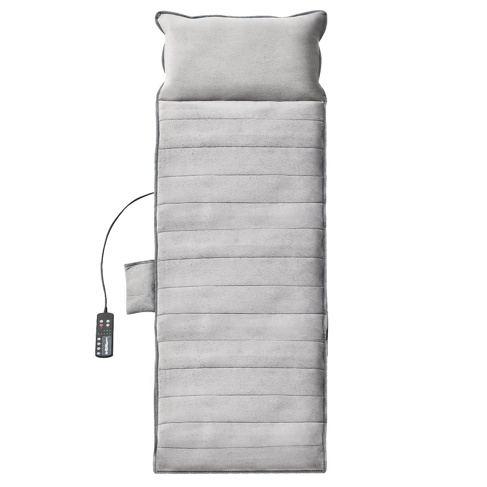 Cojín de masaje de cuerpo completo VEVOR en color gris con reposacabezas y control remoto en el lateral.