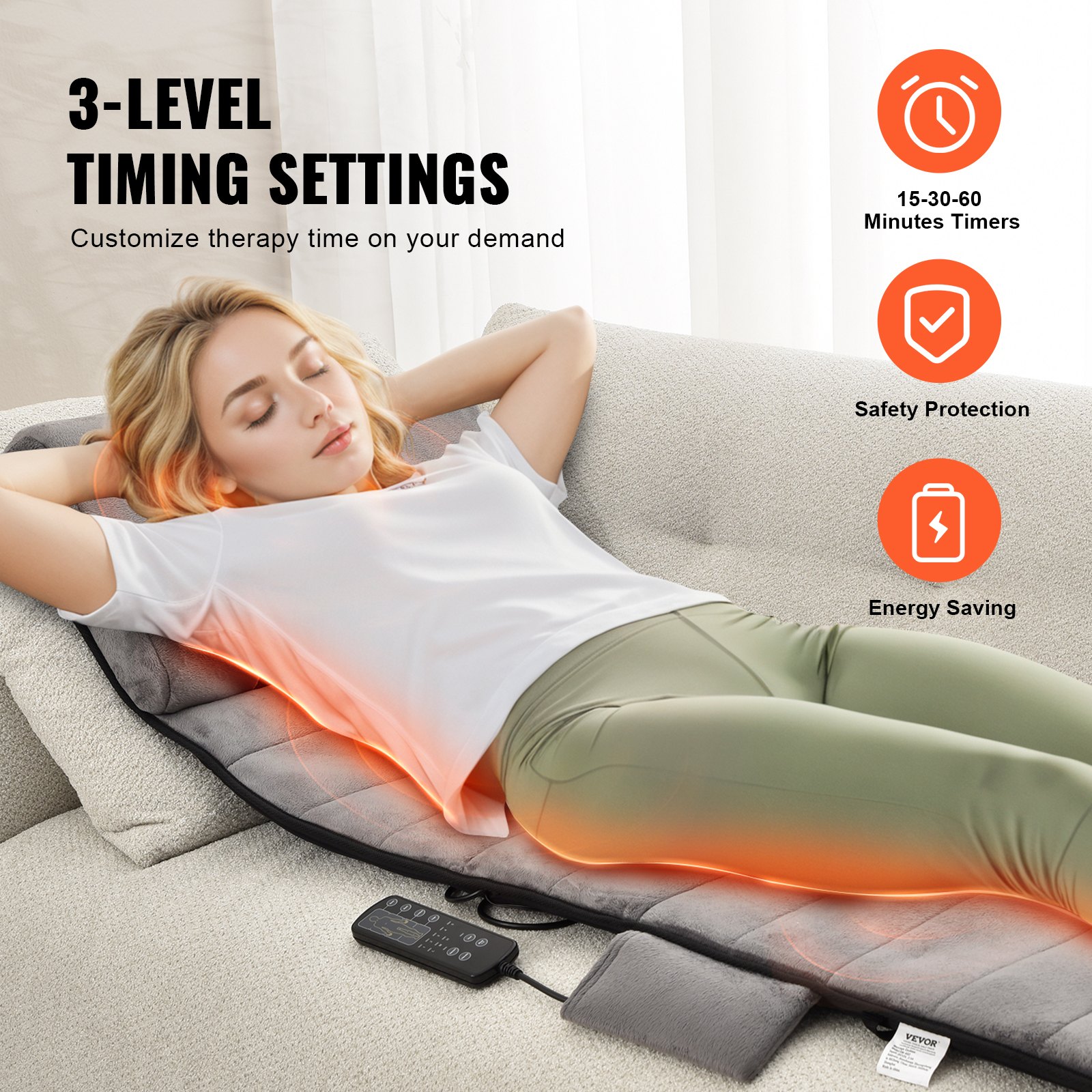 Mujer relajándose en el cojín de masaje de cuerpo completo VEVOR con configuraciones de sincronización de 3 niveles, protección de seguridad y ahorro de energía.