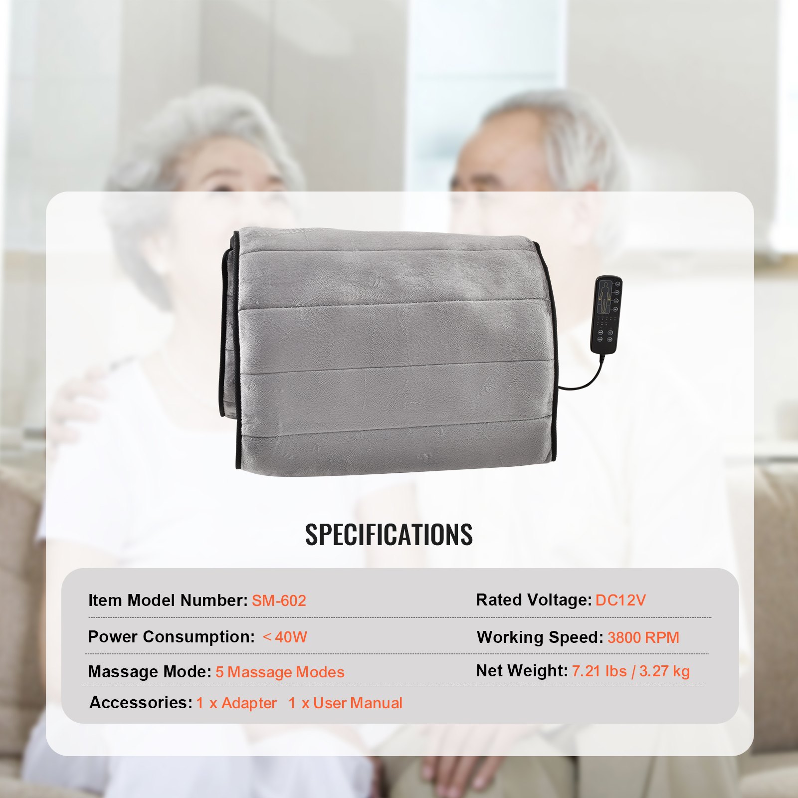 Cojín de masaje de cuerpo completo VEVOR con control remoto, modelo sm-602, 5 modos de masaje y accesorios incluidos.