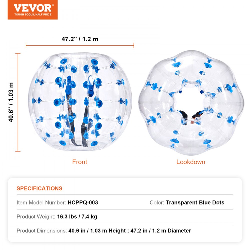 Pelota de choque inflable VEVOR con puntos azules, 40,6&quot; de altura, 47,2&quot; de diámetro; vistas frontal y superior.