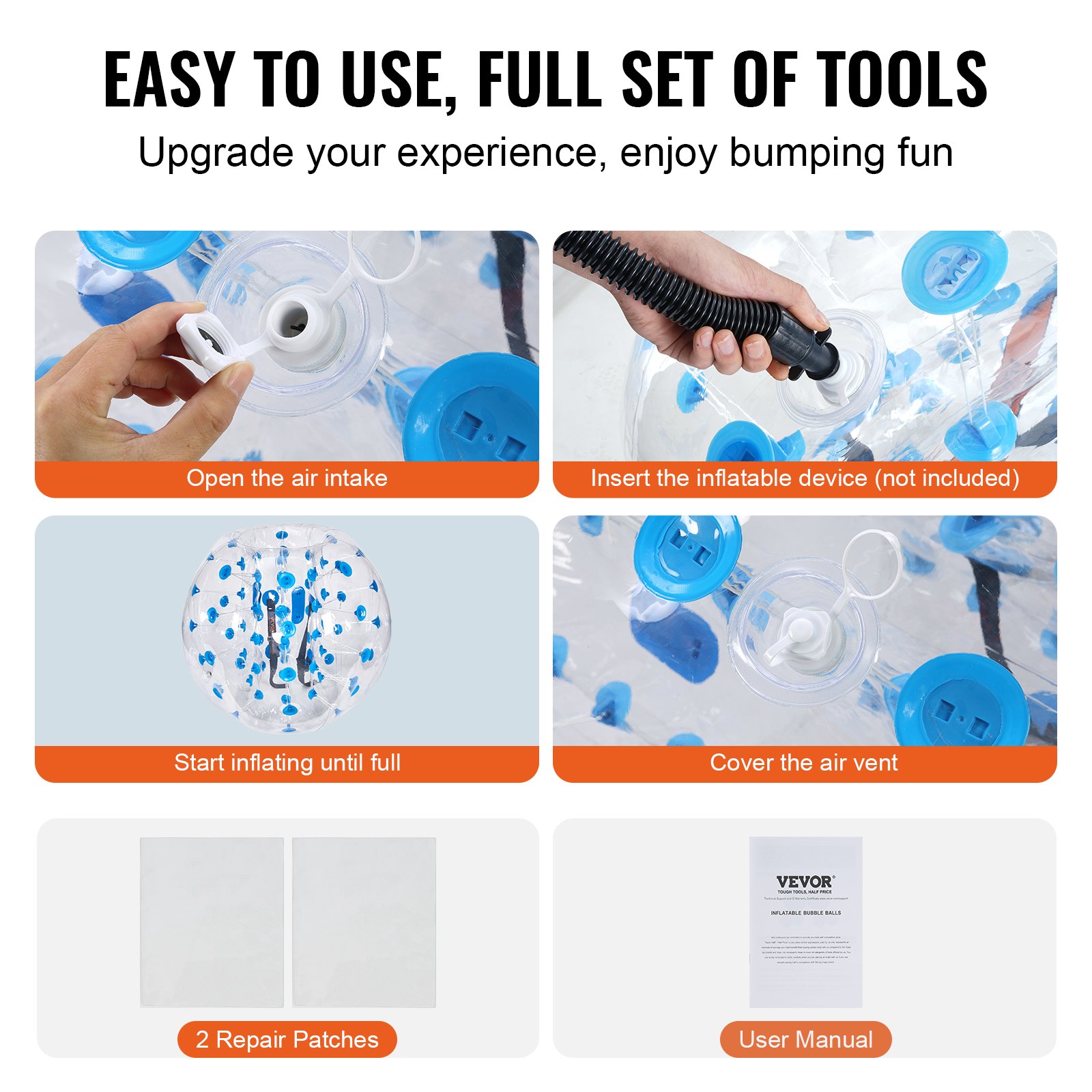 El kit de pelota de parachoques inflable VEVOR incluye parches de reparación y manual de usuario. Pasos: abrir la entrada de aire, insertar el dispositivo.