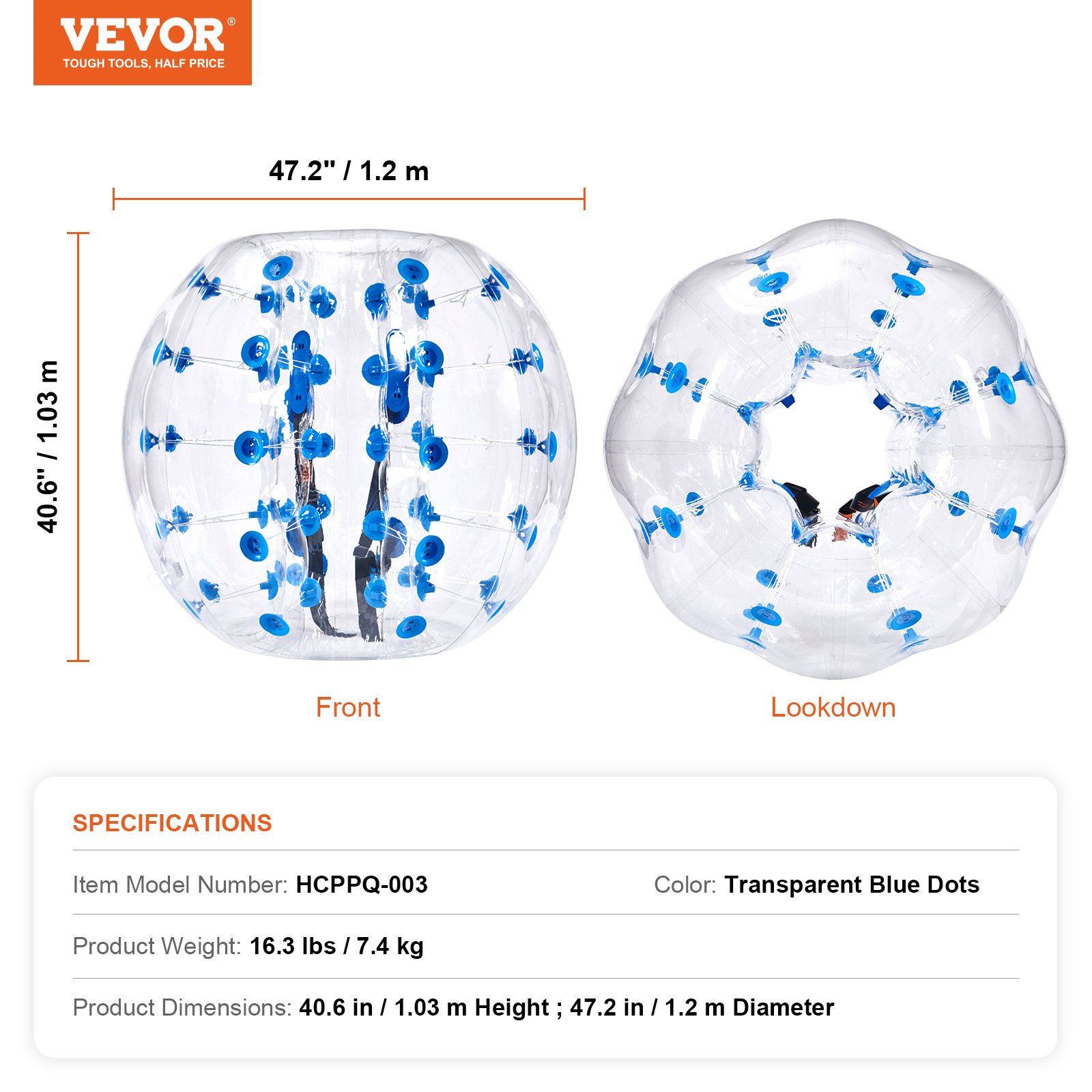 Pelota de choque inflable VEVOR con puntos azules, 40,6&quot; de altura, 47,2&quot; de diámetro; vistas frontal y superior.