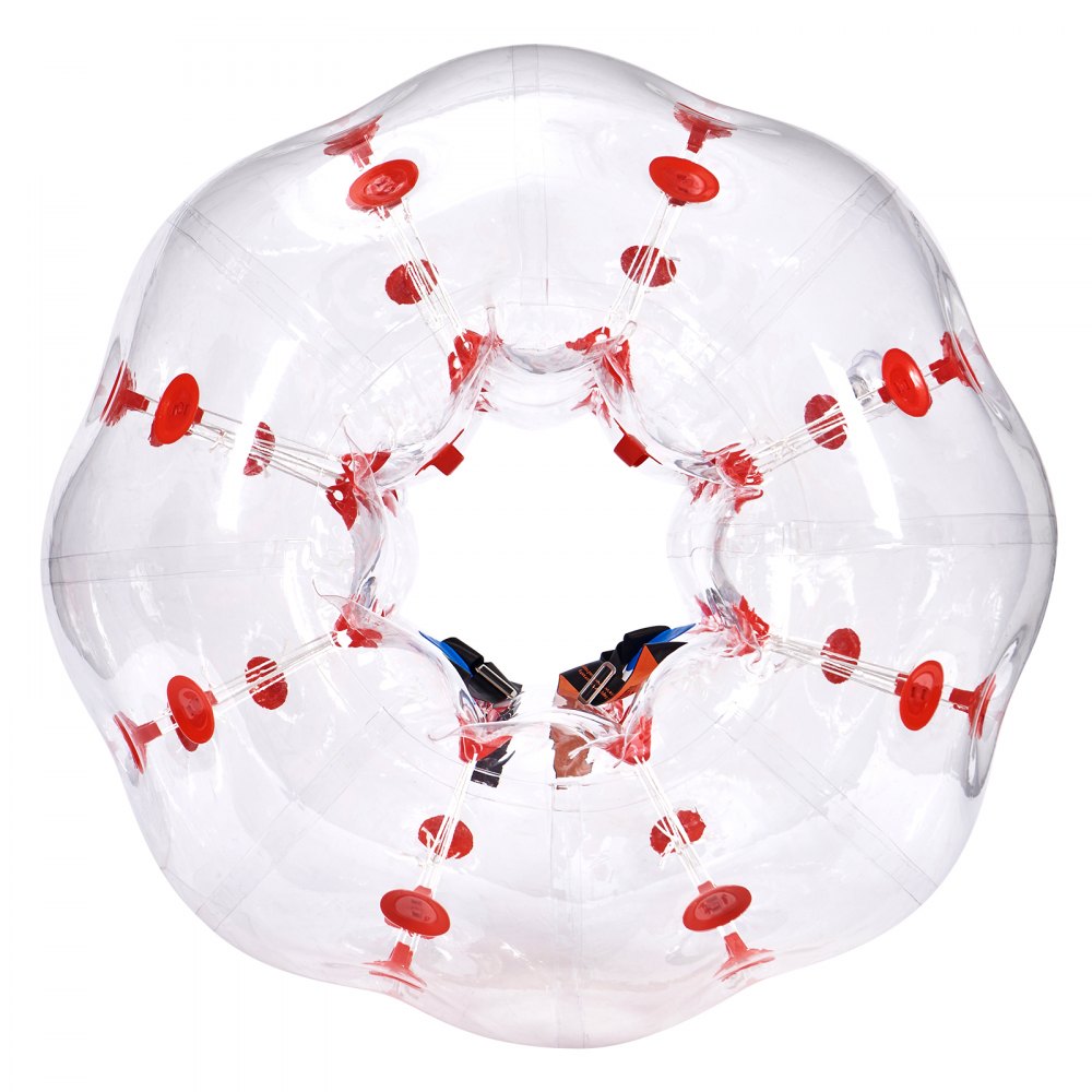Pelota de parachoques inflable VEVOR transparente con asas rojas y correas de hombro ajustables negras y azules.