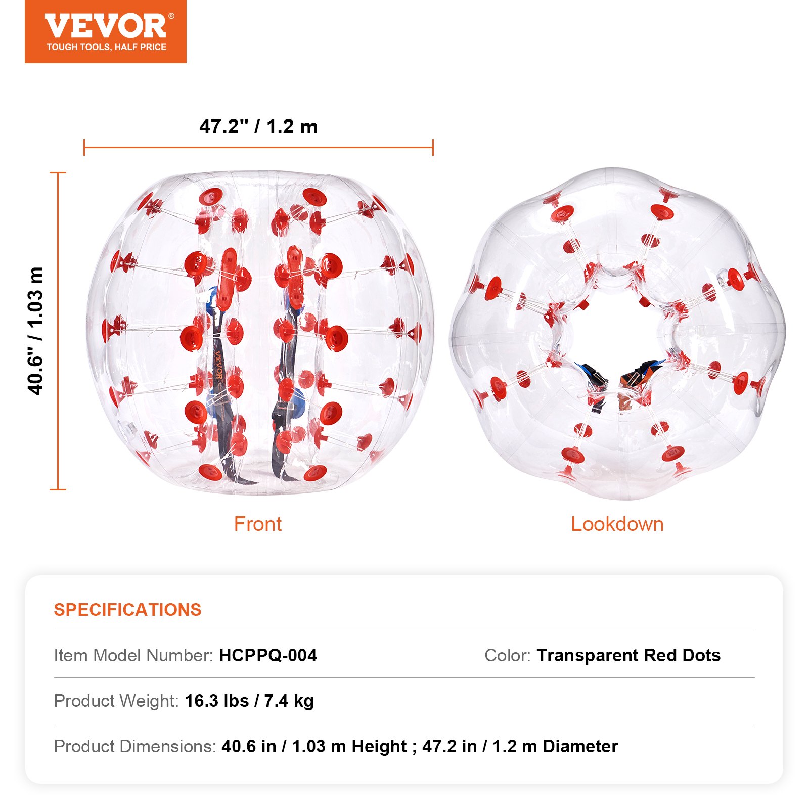 Pelota de choque inflable VEVOR, transparente con puntos rojos, 47,2&quot; de diámetro, 40,6&quot; de altura.