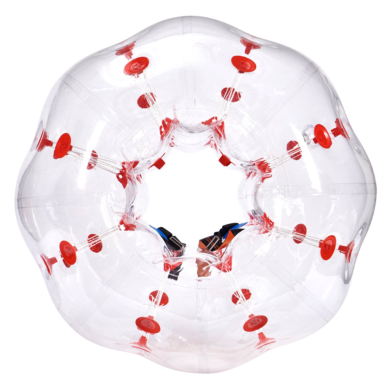 Pelota de parachoques inflable VEVOR transparente con asas rojas y correas de hombro ajustables negras y azules.
